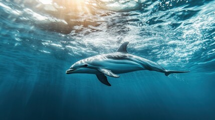 Obraz premium Dolphin Swimming Through Sunlight Underwater