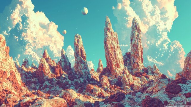 Surreal Alien Landscape Fantasy Rock Formations Pastel Sky Two Moons Digital Art