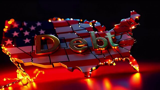 A stylized map of the USA with "Debt" illuminated, symbolizing financial issues.