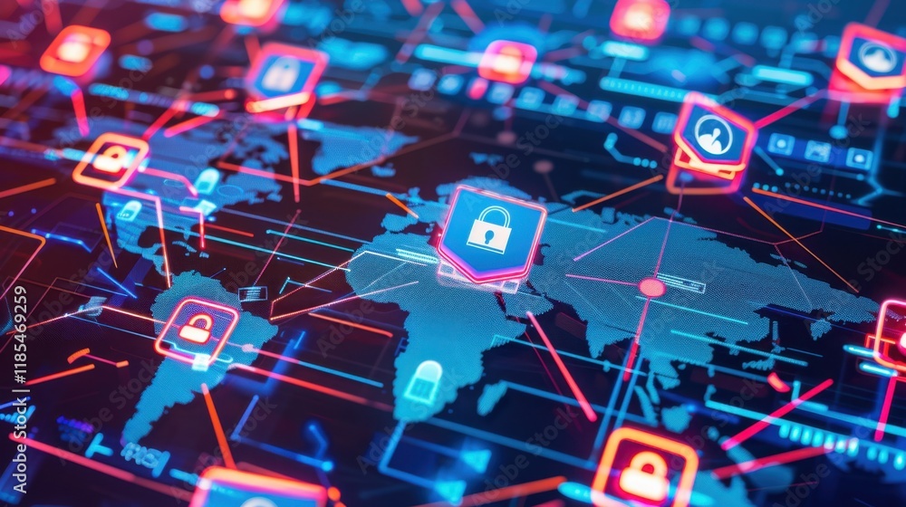 Poster digital world map with security icons and network connections, representing cybersecurity and data p