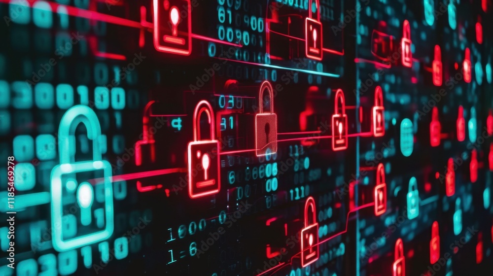 Poster digital locks and binary code create secure network environment, symbolizing cybersecurity and data 