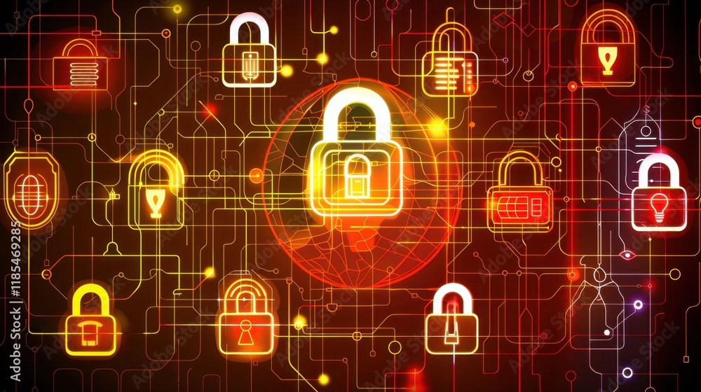 Poster digital locks and security symbols on vibrant background represent cybersecurity and data protection