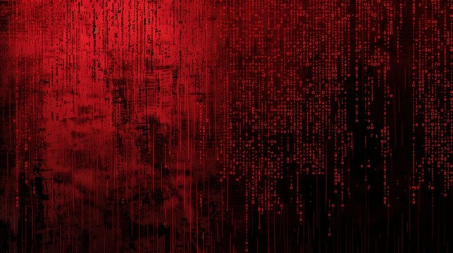 Abstract red background with vertical lines and binary code patterns, creating digital and futuristic atmosphere. Perfect for technology or cyber themes