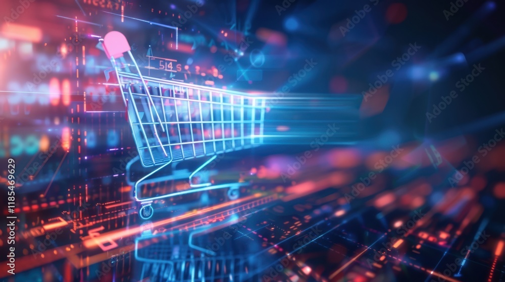 Poster digital shopping cart with glowing lines and data streams, representing online shopping and e commer