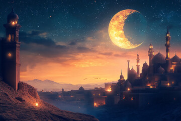 Ramadan Kareem. Mosque in the night background. Copy space