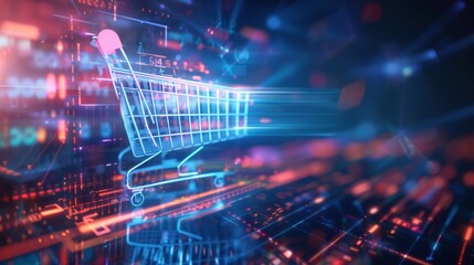 Digital shopping cart with glowing lines and data streams, representing online shopping and e commerce technology