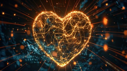 glowing heart shape made of interconnected lines and dots, radiating light and energy, symbolizes love and connection in digital world