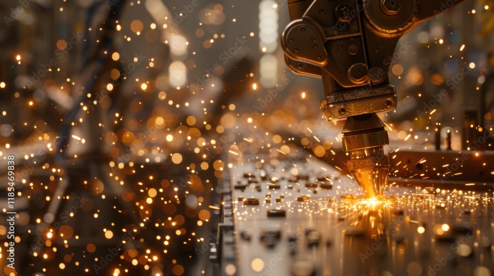 Poster high tech robotic arm performing precision cutting, creating sparks in factory setting. scene captur