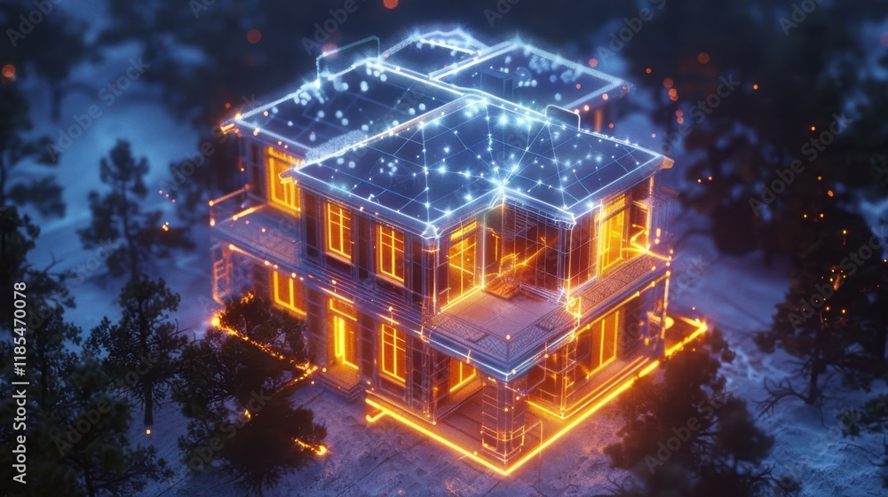 Poster futuristic house illuminated with glowing lines and nodes, surrounded by trees, showcasing blend of 