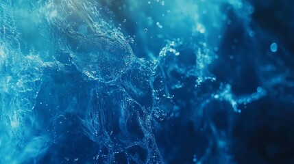 Fototapeta premium Bluewater waves on the surface ripples blurred. Defocus blurred transparent blue colored clear calm water surface texture with splash and bubbles. Water waves with shining pattern texture background.