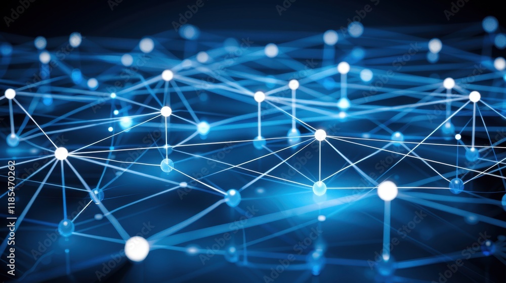 Poster digital network of interconnected nodes and lines, representing technology and communication. blue t