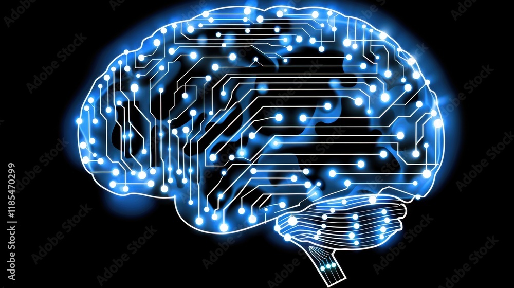 Poster digital brain illustration with circuit patterns and glowing nodes, symbolizing technology and artif