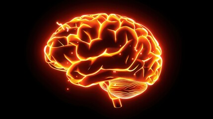 glowing brain illustration with vibrant orange and yellow colors, symbolizing intelligence and creativity. intricate details highlight neural connections and brain structure