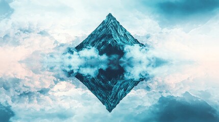 Surreal Diamond Shaped Mountain Peak Reflecting in Cloudscape Abstract Nature Photography