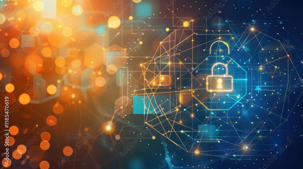 Poster digital security concept with lock symbol and abstract network