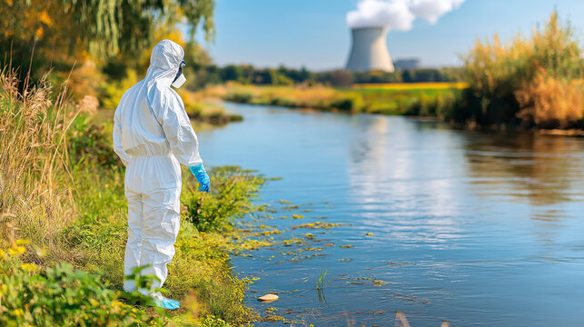 Environmental Monitoring: A lone figure in protective gear stands by a river, examining the water's edge with a backdrop of industrial facilities.