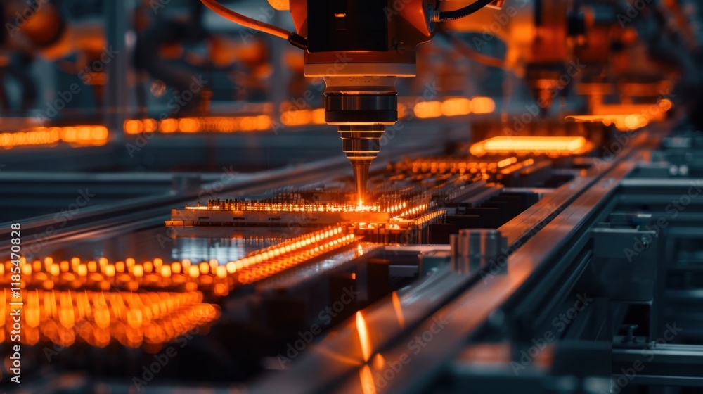 Aufkleber high tech manufacturing process with robotic arms and glowing machinery. scene showcases precision e