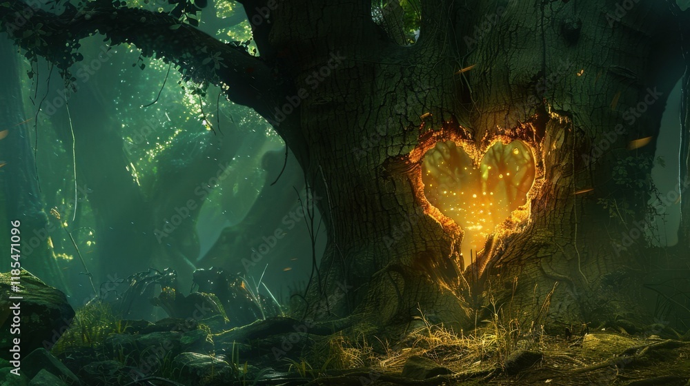 Poster mystical tree with heart shaped hollow glows softly in lush forest, surrounded by vibrant greenery a