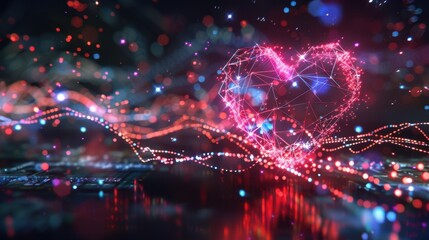 Obraz premium vibrant digital heart made of glowing lines and particles, symbolizing love and connection, set against colorful abstract background