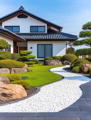 Zen Garden Retreat: A tranquil and serene Japanese-inspired garden design. The minimalist home with a white gravel path winding through lush greenery and large rocks, creates a peaceful sanctuary.