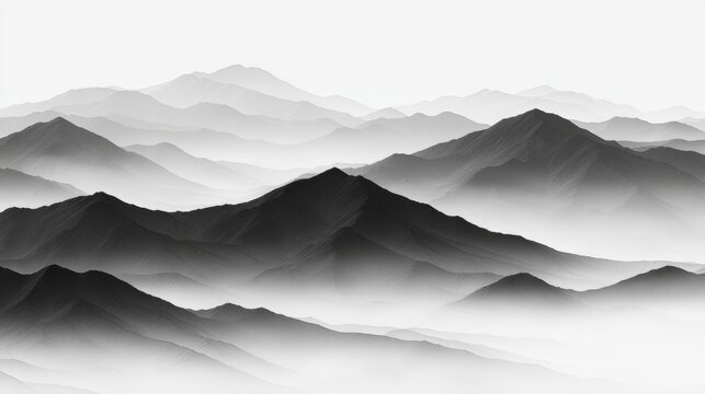 Serene Monochrome Mountain Range Landscape Misty Peaks and Valleys - Powered by Adobe