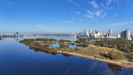 Fototapeta premium Aerial view of Heirisson Island and the Swan River in Perth, Western Australia