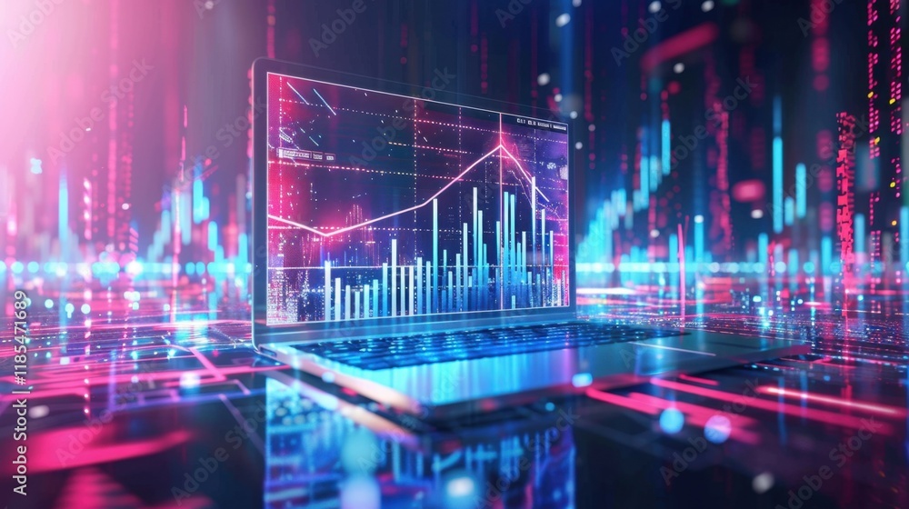 Poster digital laptop displaying financial data and graphs in futuristic setting, showcasing vibrant colors