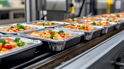 A conveyor belt filled with prepared meal trays, showcasing colorful vegetables and protein, ready for distribution in a commercial kitchen setting.