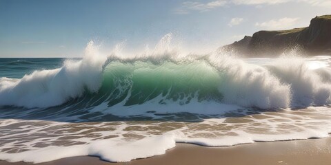 Obraz premium A wave crashes on the shore in a burst of sparkling foam, beach scene, crashing waves, rough surface