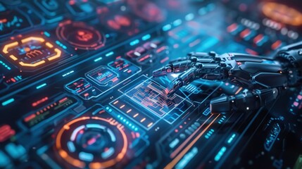 Fototapeta premium Futuristic robotic hand interacting with digital interface, showcasing advanced technology and vibrant neon colors. scene evokes sense of innovation and exploration