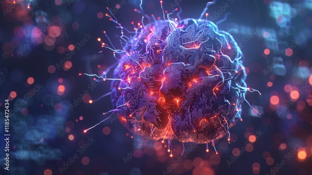 Aufkleber digital representation of brain with glowing neural connections, showcasing vibrant colors and intri