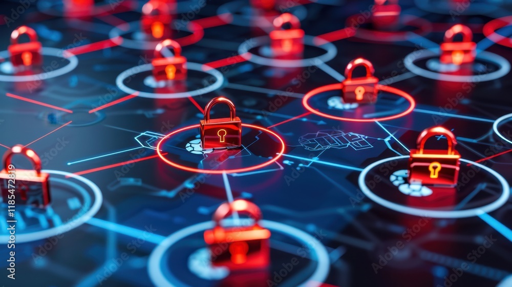 Poster digital security network with glowing locks and connections