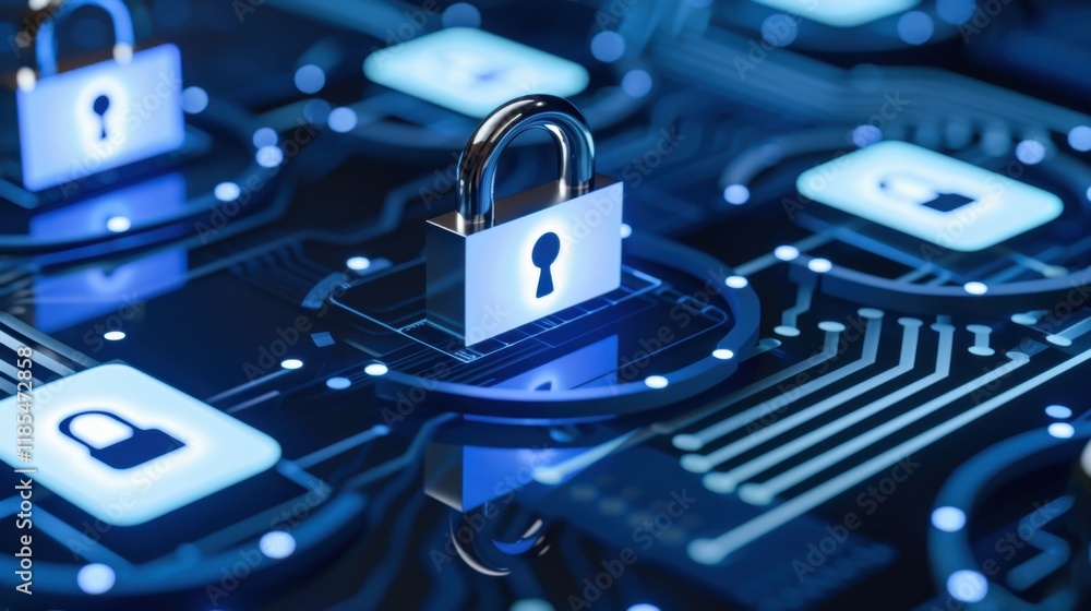 Poster digital locks on circuit board symbolize cybersecurity and data protection. blue tones and glowing e