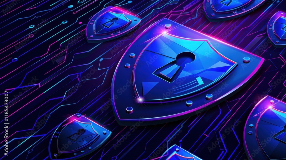 Poster digital security concept with glowing shields and locks, representing protection and cybersecurity. 