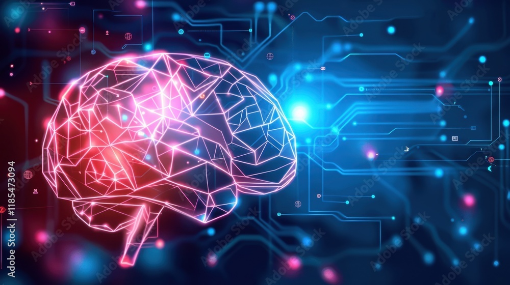 Poster digital brain illustration with glowing lines and circuits, symbolizing artificial intelligence and 