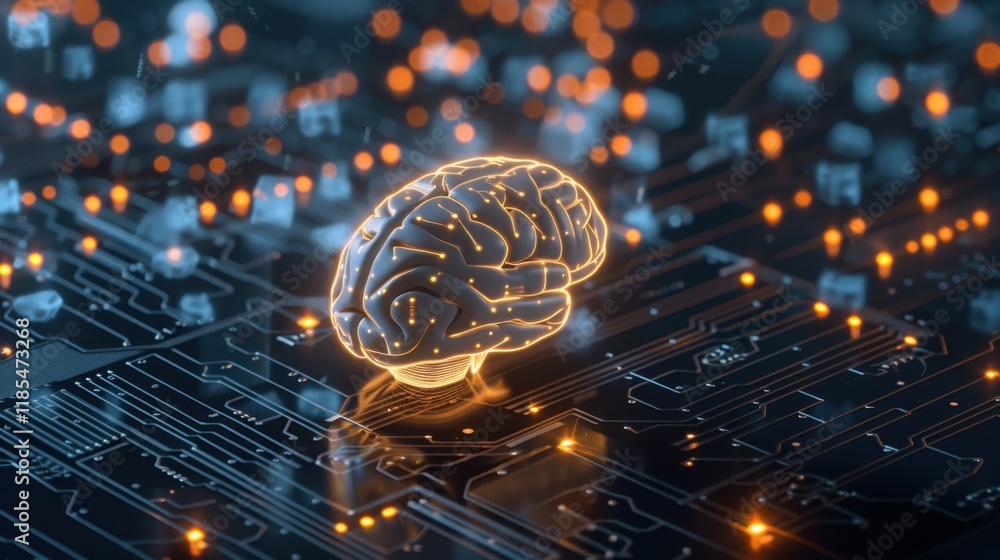 Poster glowing brain illustration on circuit board, symbolizing artificial intelligence and technology. int