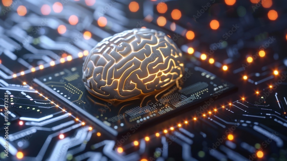 Poster digital brain on circuit board symbolizes artificial intelligence and technology. intricate design h