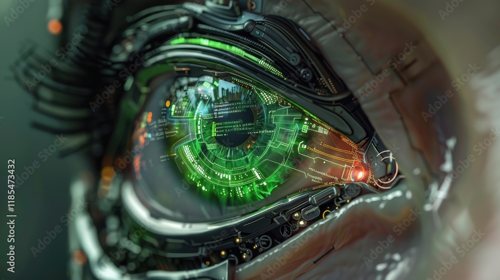 Poster Futuristic robotic eye with intricate circuitry and glowing elements, showcasing advanced technology and digital patterns. blend of nature and machine evokes curiosity and wonder