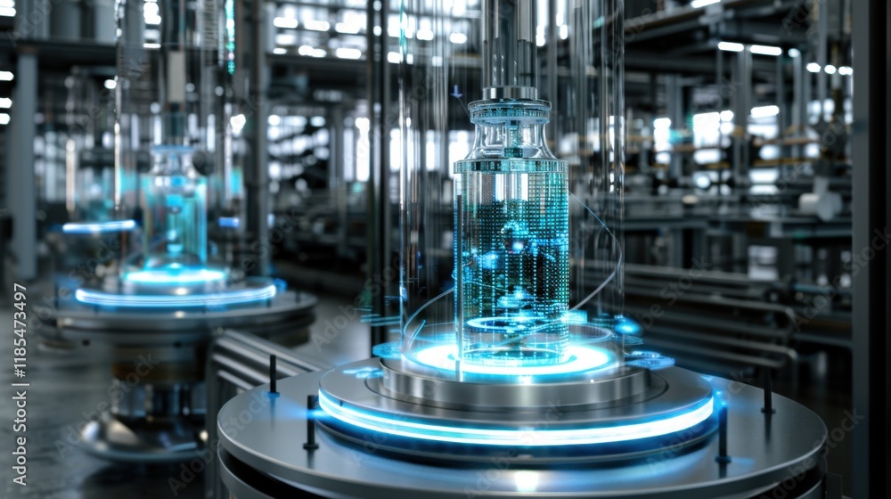 Poster futuristic laboratory scene featuring transparent vial with digital data visualization, surrounded b