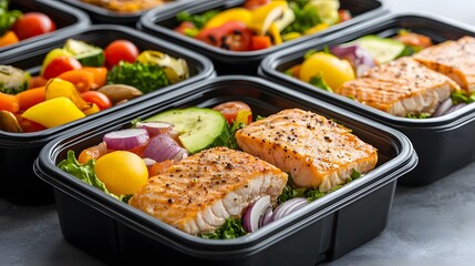 Healthy meal prep containers filled with grilled salmon and fresh vegetables, showcasing a colorful and nutritious food arrangement.