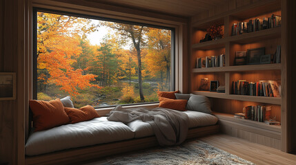 Fototapeta premium Cozy reading nook with autumn view through large window
