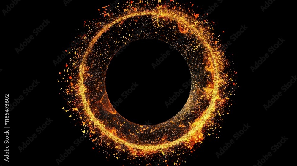 Poster vibrant circular design featuring fiery particles and sparks, creating stunning visual effect. black