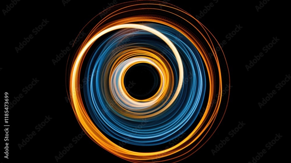 Poster mesmerizing circular light pattern with vibrant blue and orange hues, creating dynamic and energetic