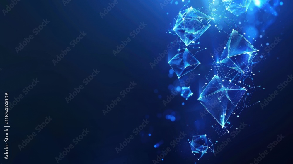 Poster digital abstract background with glowing blue geometric shapes and particles, creating sense of dept