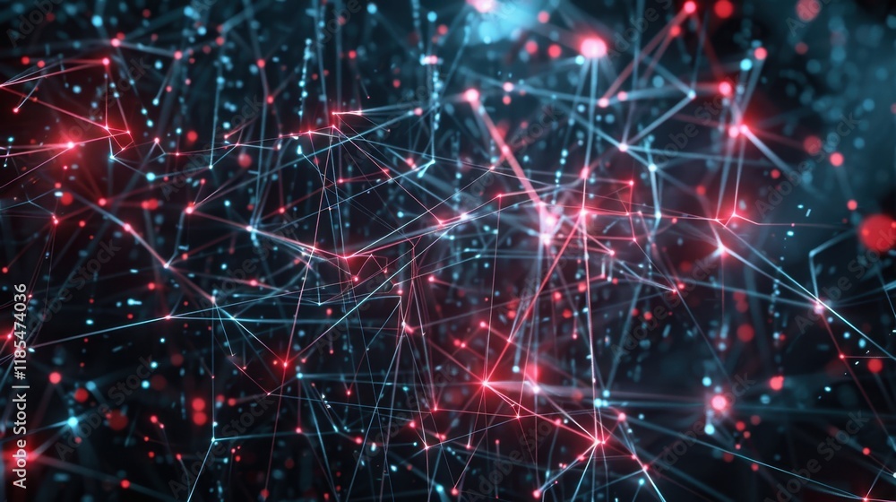 Poster digital network connections with glowing red and blue lines create vibrant abstract background. this