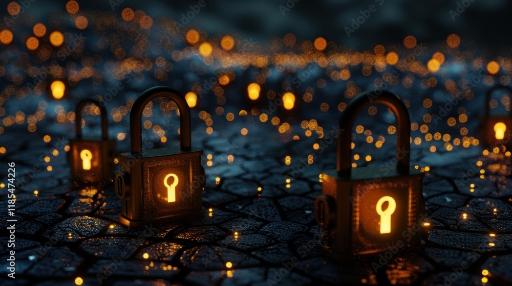 Poster mysterious glowing locks on textured surface, surrounded by shimmering lights, create enchanting atm
