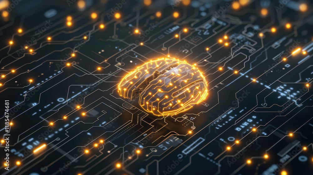Poster glowing brain symbolizing artificial intelligence on circuit board background, representing technolo