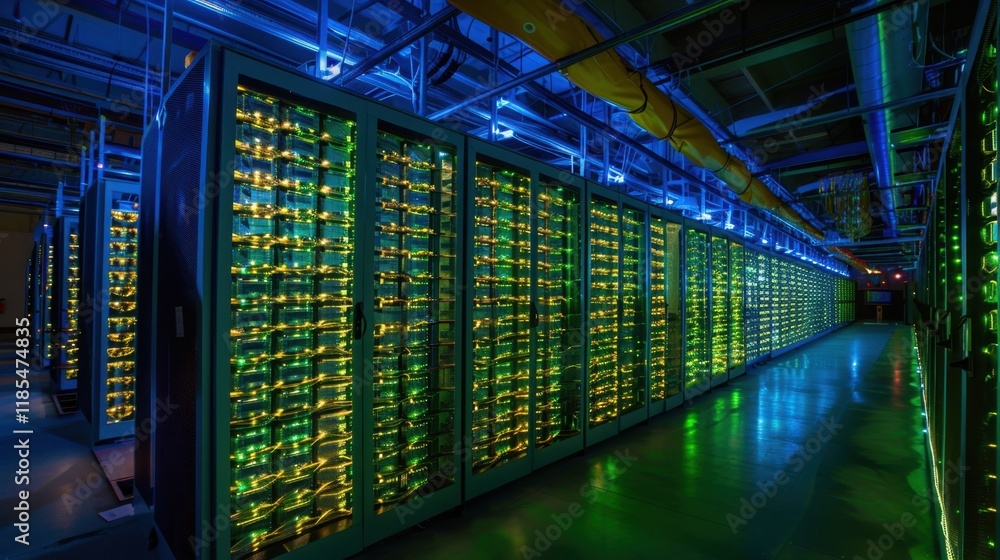 Poster vibrant data center with illuminated server racks showcasing technology and innovation. blue and gre