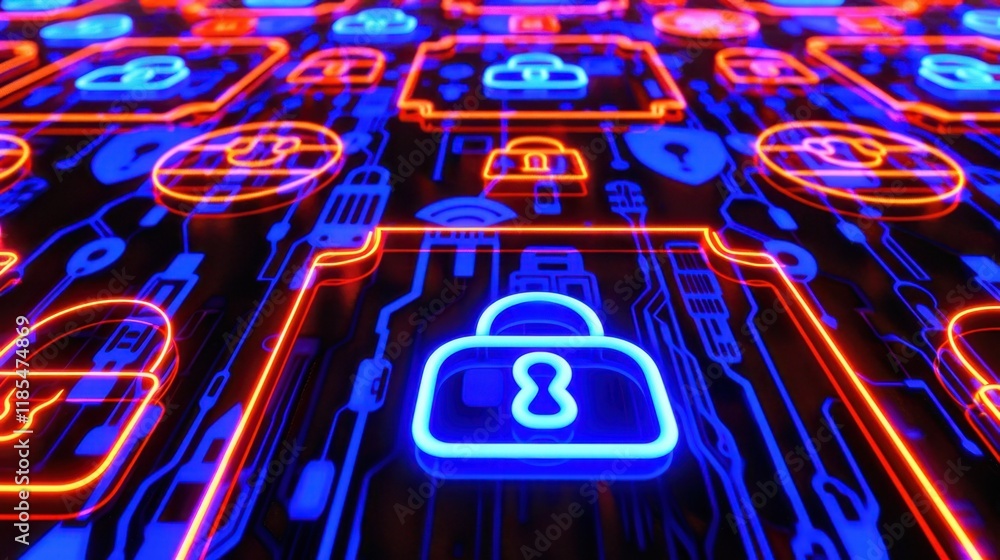 Poster digital locks and circuit patterns in vibrant blue and orange colors symbolize cybersecurity and dat