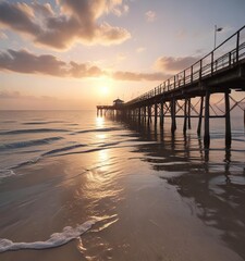 Obraz premium A tranquil morning unfolds over the pier and the vast expanse of the Baltic Sea , ocean, pier